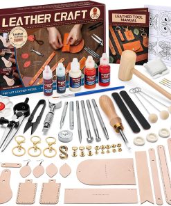 Leather Crafting Kit: Leather Working Tools and Supplies for DIY Craft Beginners Stamping Dyeing Carving Sewing Edge Sealing with Video Tutorials for Earrings Wallet Keychain Wristband Bookmark